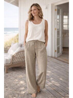 Level 99 Womens Linen Tencel Pants Size 31 Taupe Wide Leg Drawstring NWT